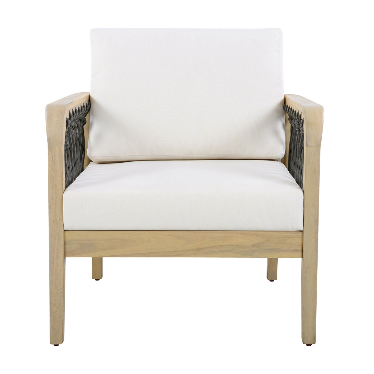 Outdoor Acacia Wood Club Chair with Handwoven Rope Armrests - Cream