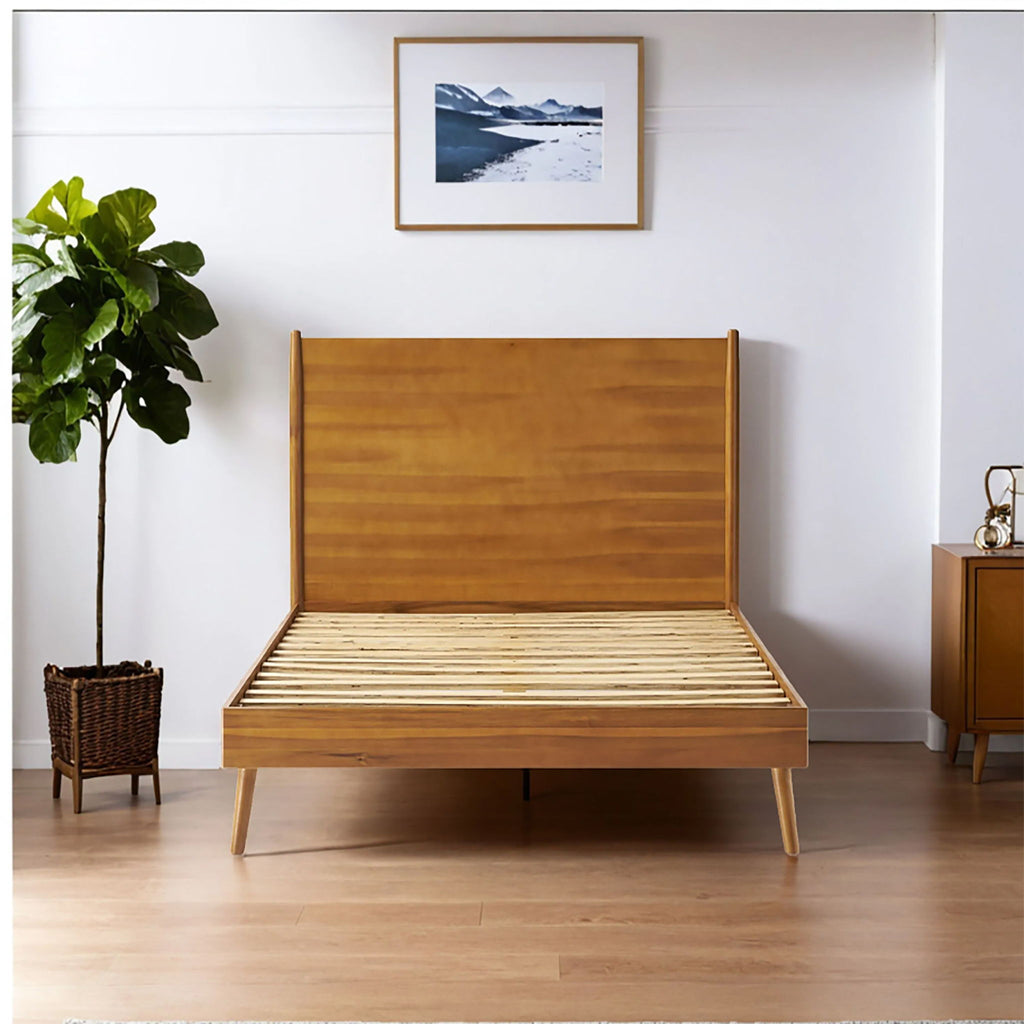 Mid-Century Wood Platform Bed with Heavy-Duty Support - Light Brown
