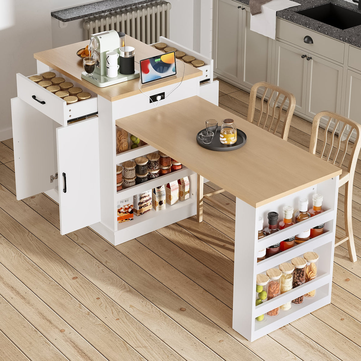 Extendable Island Console with Drawers and Cabinet - White or Black