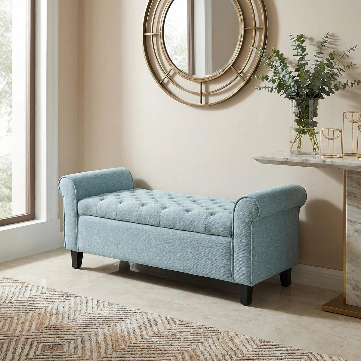 Light Blue Tufted Storage Bench with Upholstered Seating - Light Blue