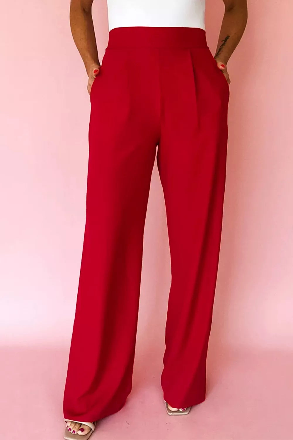 Pleated Detail Pull On High Elastic Waist Loose Straight Pants