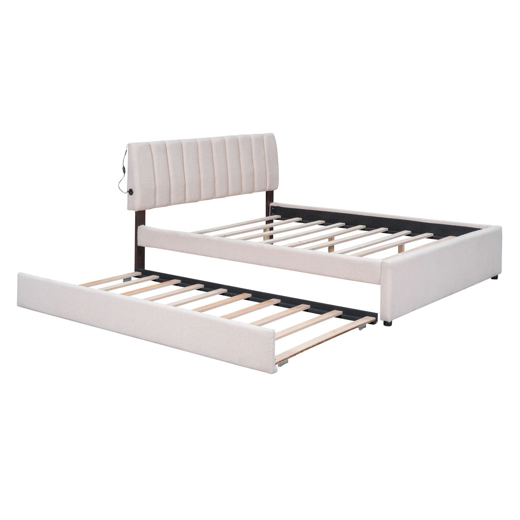 Upholstered Platform Bed With Trundle and LED Lights - Full or Queen