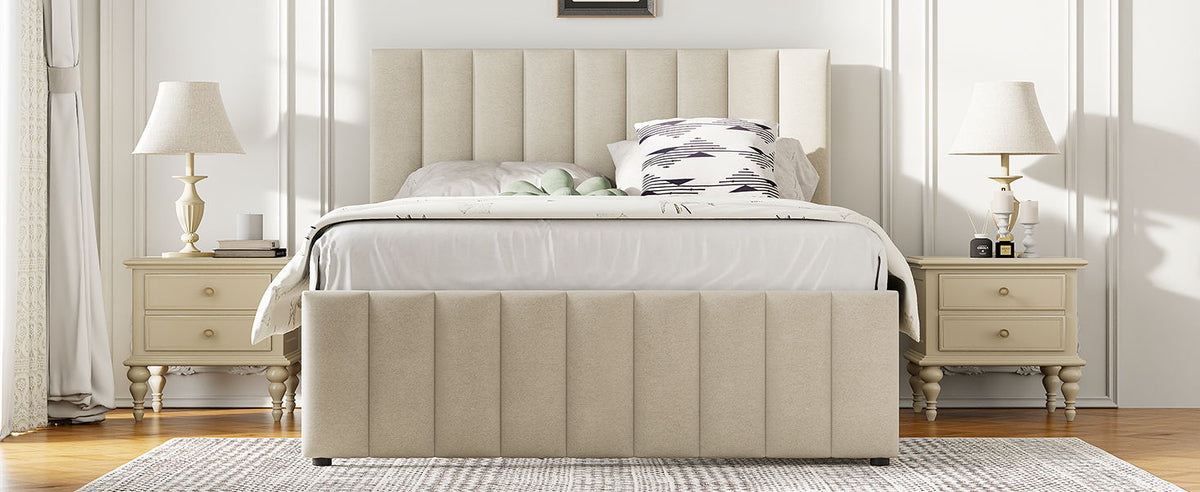Upholstered Platform Bed with Twin Size Trundle and 3 Drawers - Beige, Full