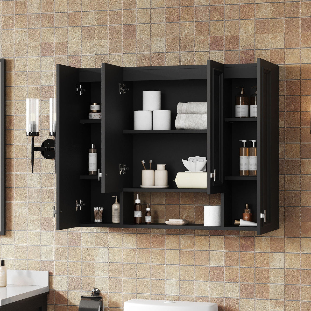 Wall Mounted Bathroom Cabinet With 5 Adjustable Shelves and Soft-Closing Hinges - Gray or Black