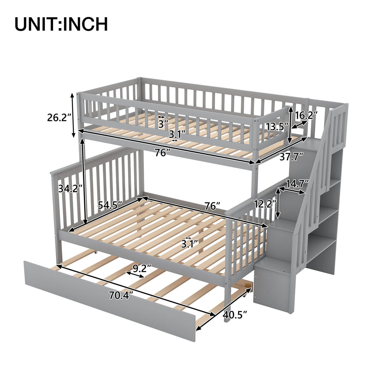 Bunk Bed with Staircase and Storage Options - Dark Gray or White