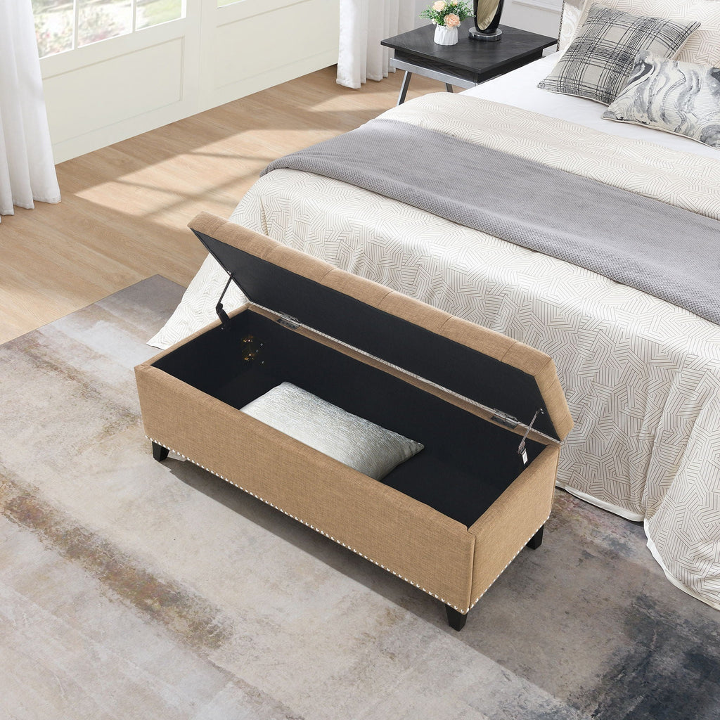 Button-Tufted Storage Ottoman with Safety Close Hinge - Light Brown or Black