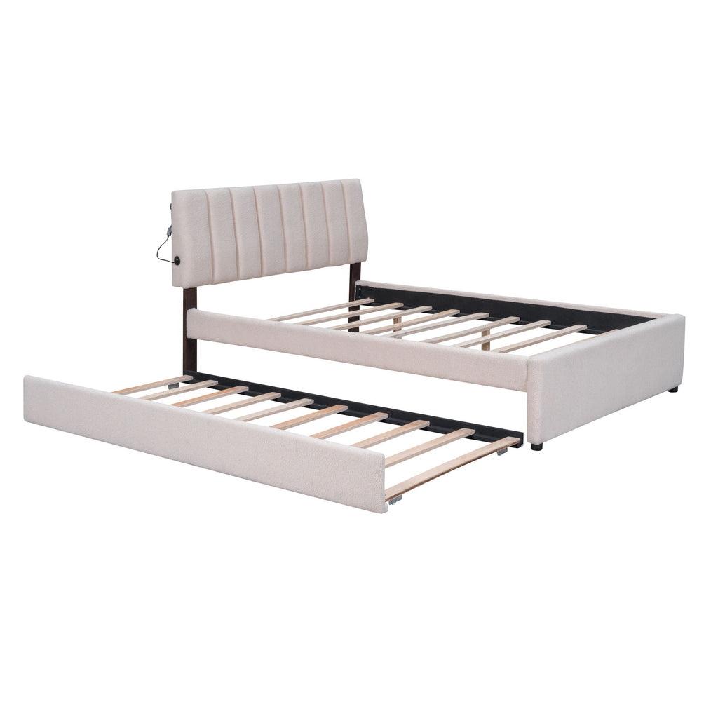 Upholstered Platform Bed With Trundle and LED Lights - Full or Queen