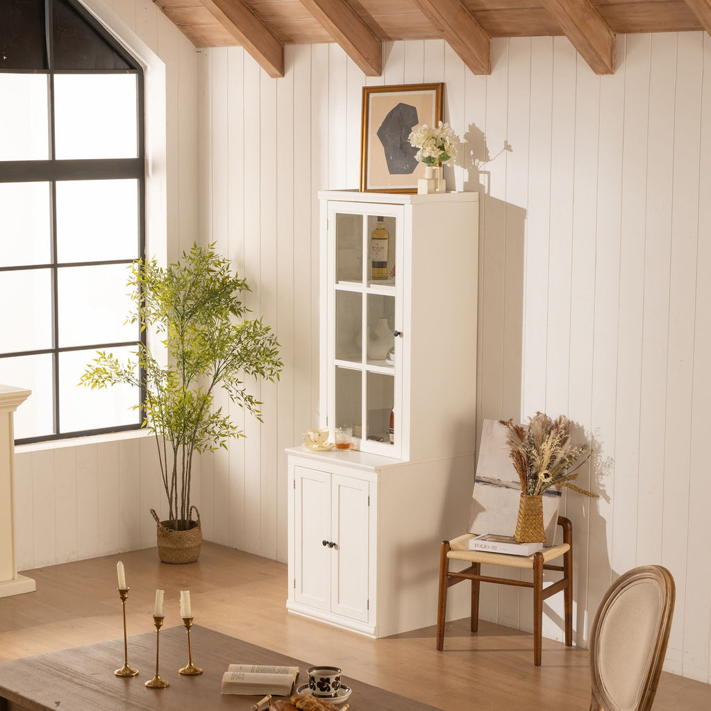 Retro Style Hutch Cabinet with Glass Door - White