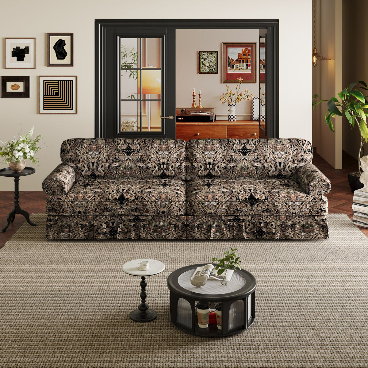 Cloud Couch Sofa with Rolled Arms and Pleated Skirt - Beige, Blue, or Light Brown