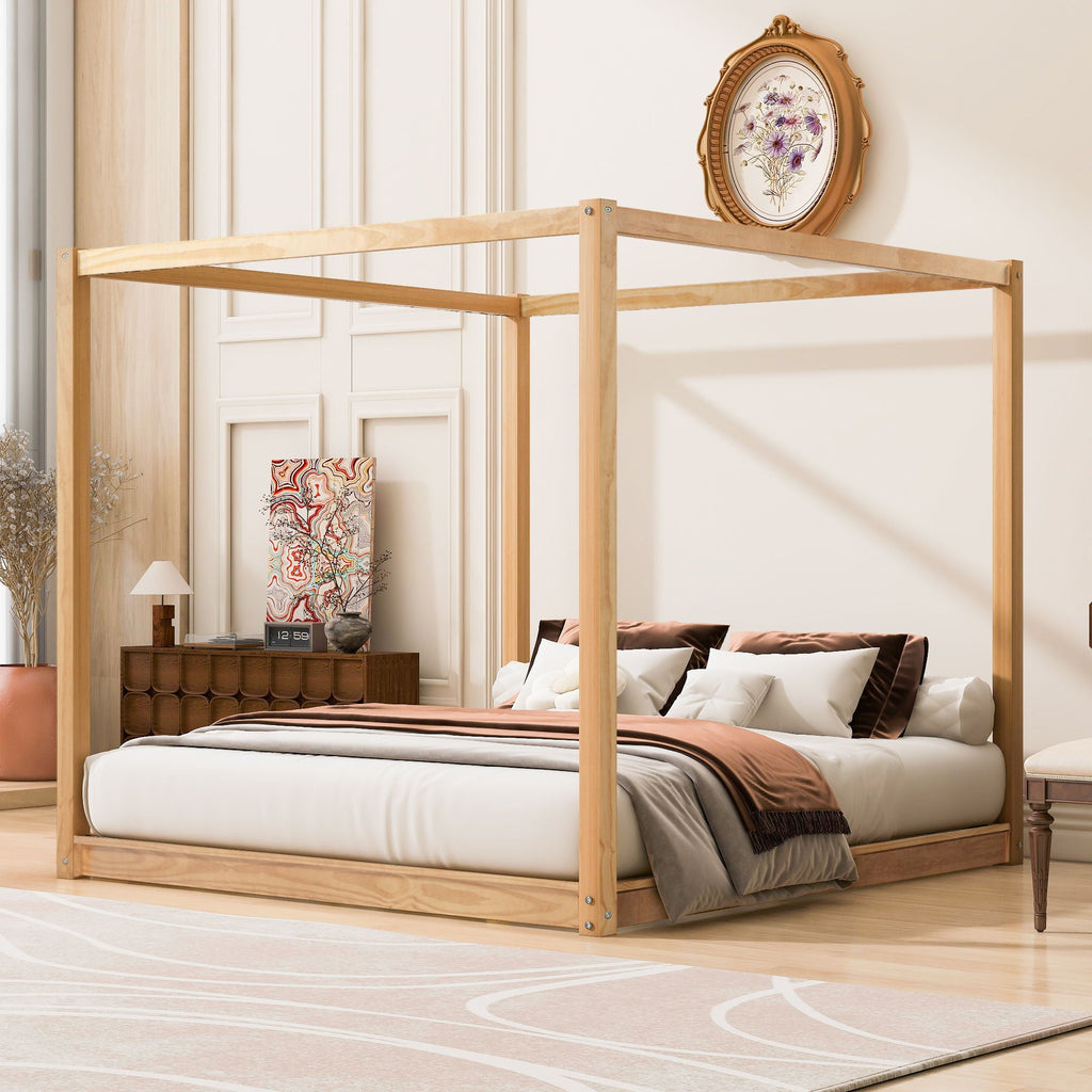 Wood Canopy Platform Bed with Airflow Slats and Support Legs - White or Light Brown