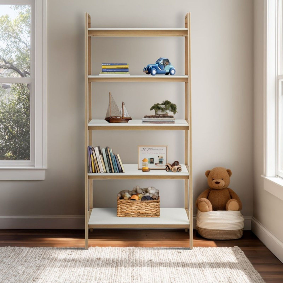 Off White & Natural Ladder Bookcase with 5 Shelves - Solid Wood Frame