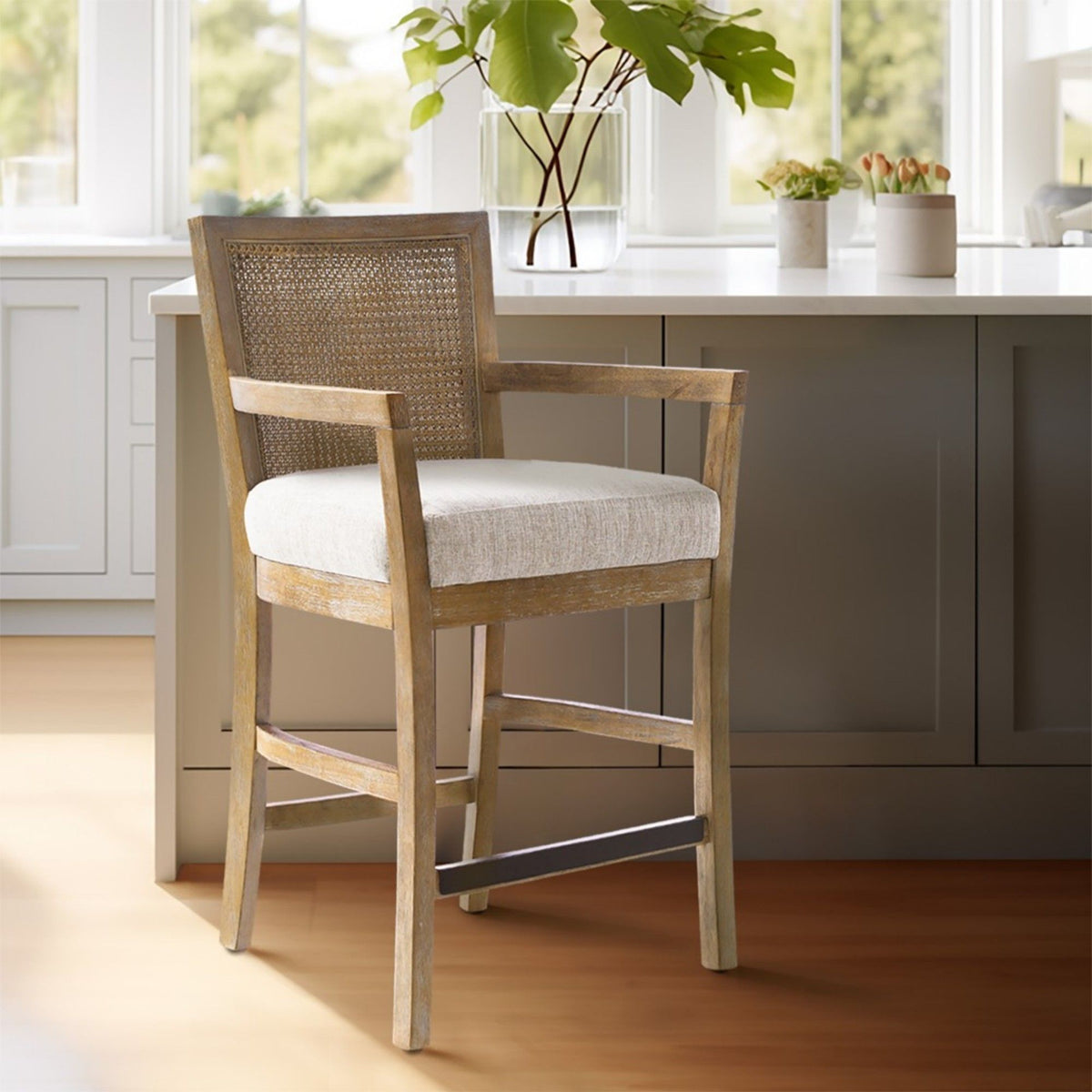 Cane Back Counter Stool with Upholstered Seat - Cream and Reclaimed Natural