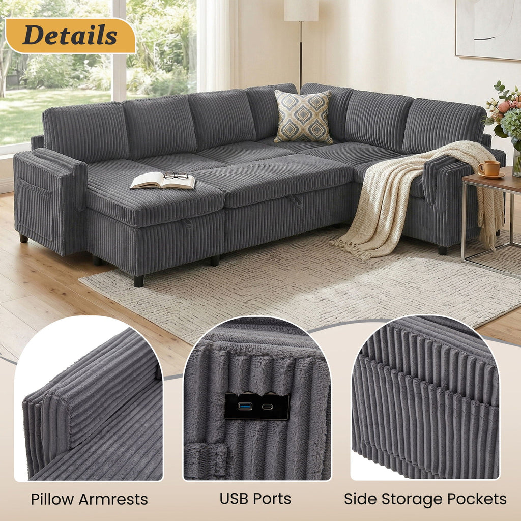 Convertible U-Shaped Sectional Sofa Bed with USB Ports and Storage – Black, Dark Gray, Blue