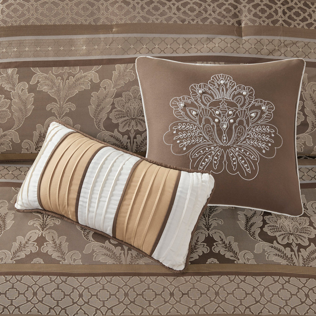 Jacquard Comforter Set with Decorative Pillows - Brown/Gold, Queen, 7 Piece