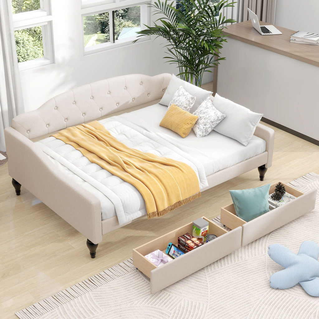 Upholstered Tufted Daybed with Storage Options - Beige