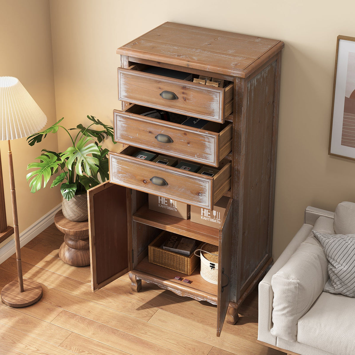 Rustic Wooden Storage Cabinet with Decorative Cutout Door & 3 Drawers - Distressed Wood