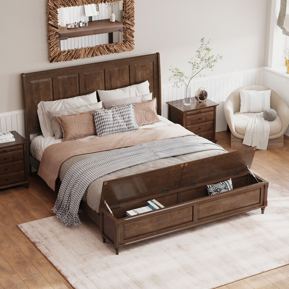 Sleigh Bed Frame with Tall Headboard and Storage Bench - Dark or Light Brown