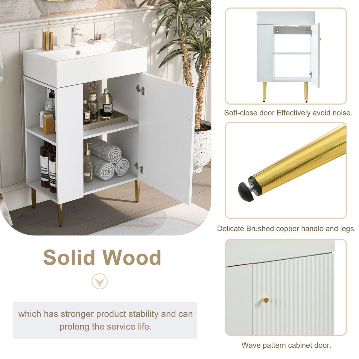 Bathroom Vanity with Single Ceramic Sink and Side Storage - Multiple Colors