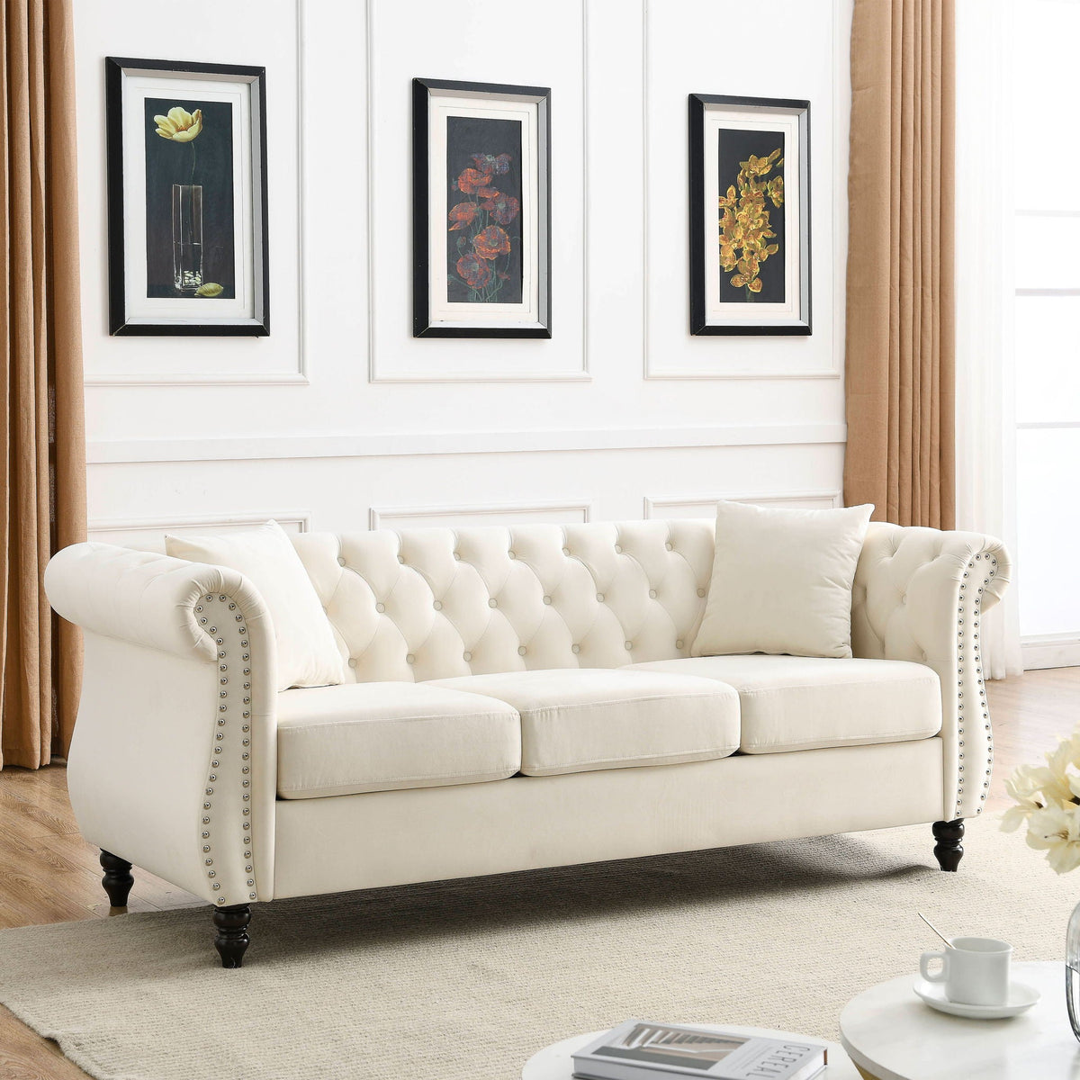Chesterfield Sofa with Rolled Arms and Nailhead Trim – Solid Wood Frame
