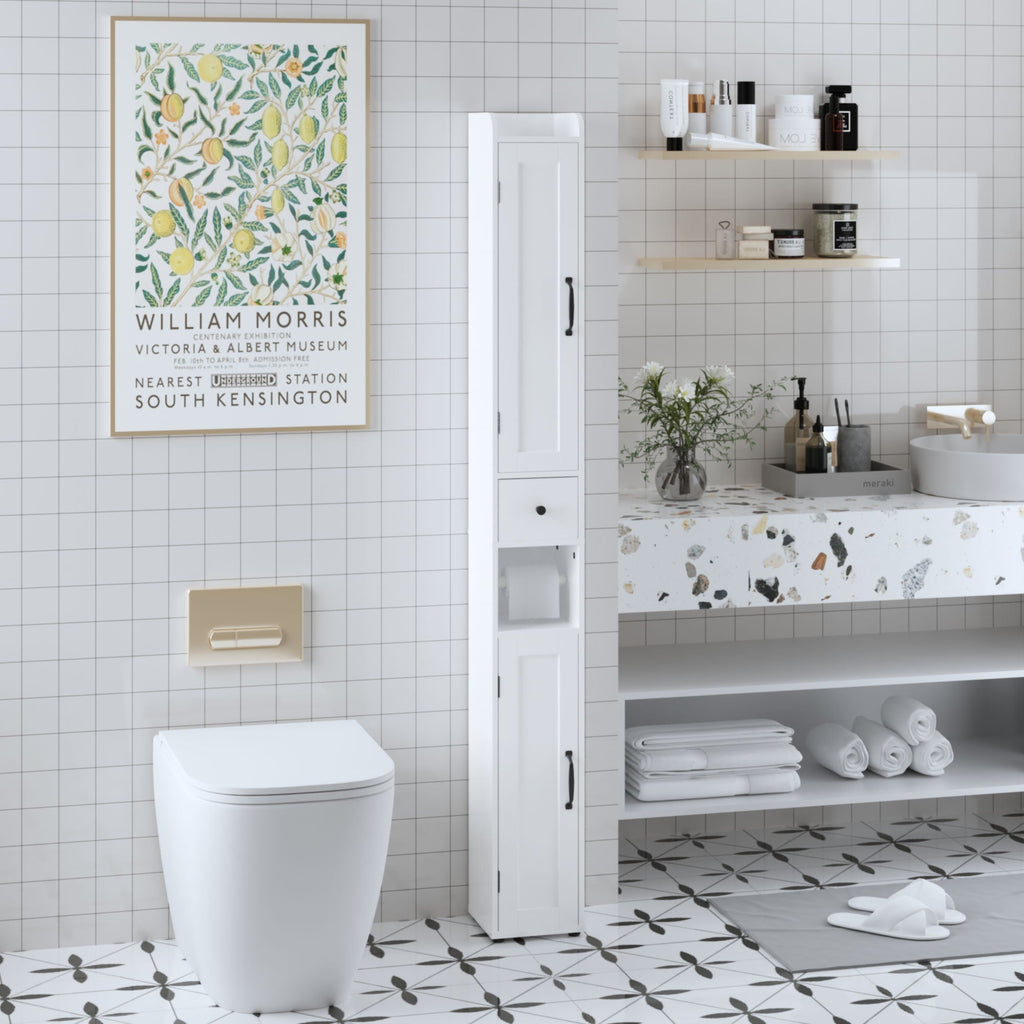 Slim Tall Bathroom Storage Cabinet with Adjustable Shelves - White