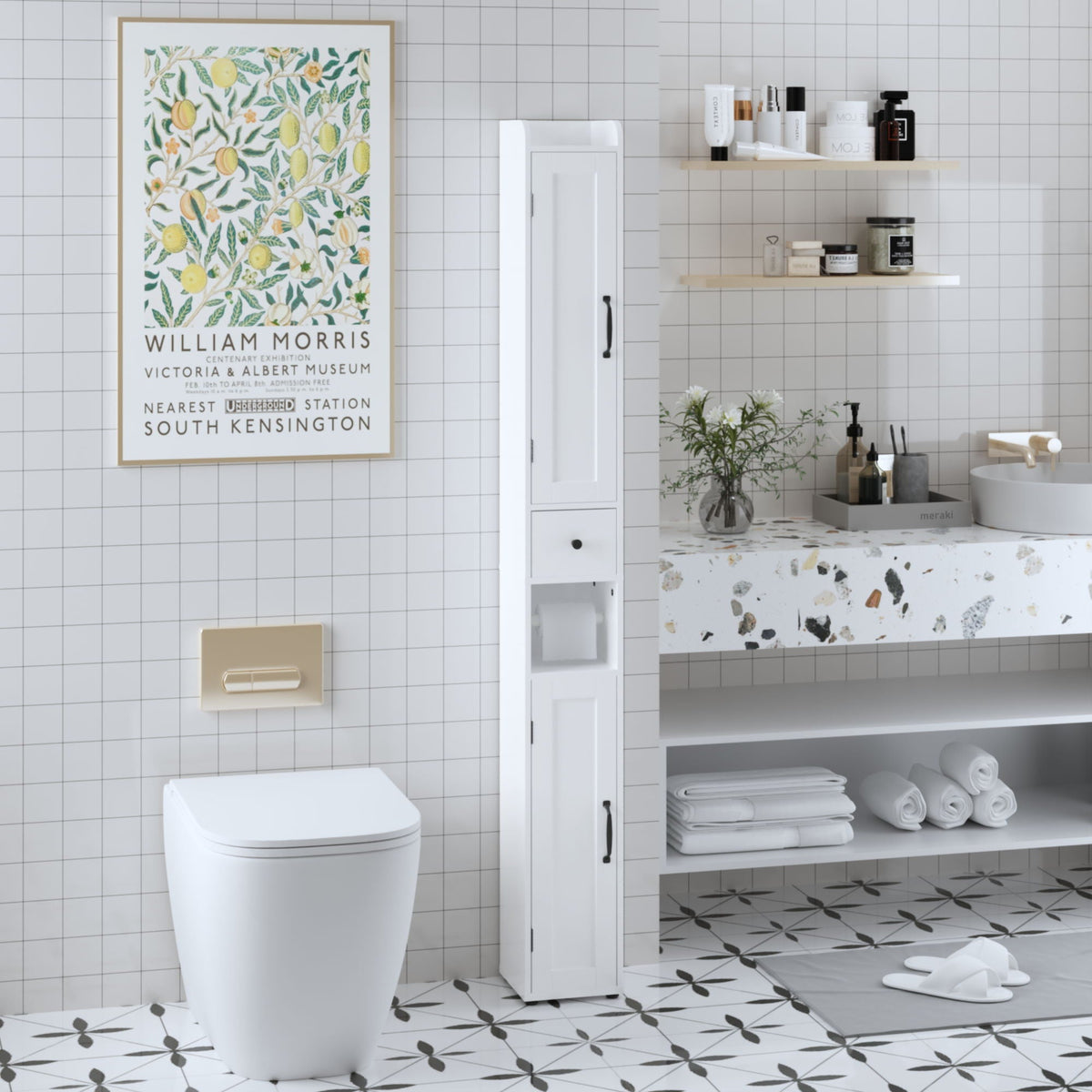 Slim Tall Bathroom Storage Cabinet with Adjustable Shelves - White