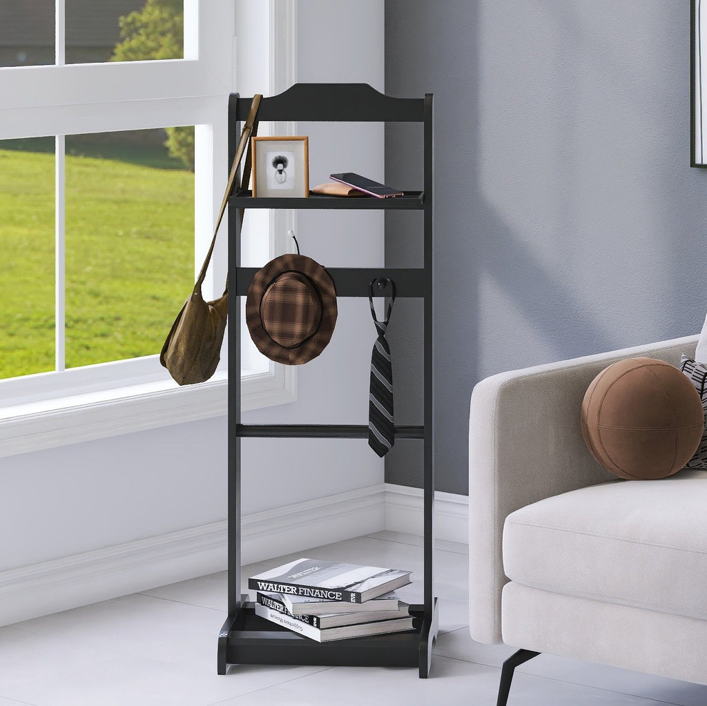 Black Garment Valet Stand with Storage Organizer - Portable Clothes Rack