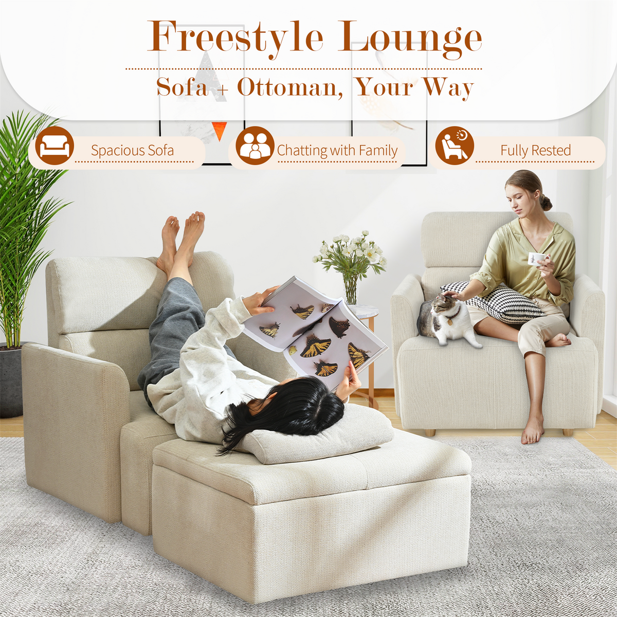 Oversized Chair with Storage Ottoman with Solid Wood Frame - Snowflake Velvet