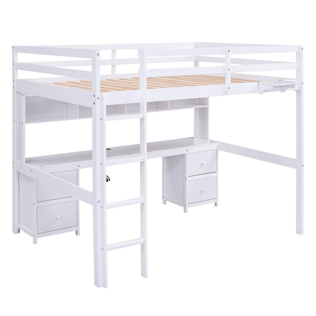 Loft Bed with Desk, Cabinets, Drawers and Charging Station - Full Size