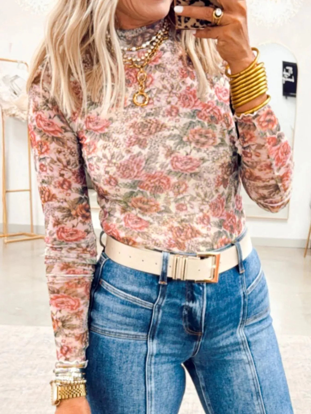Floral Print Mesh Long Sleeve Top