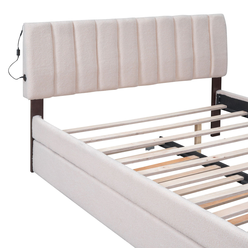 Upholstered Platform Bed With Trundle and LED Lights - Full or Queen