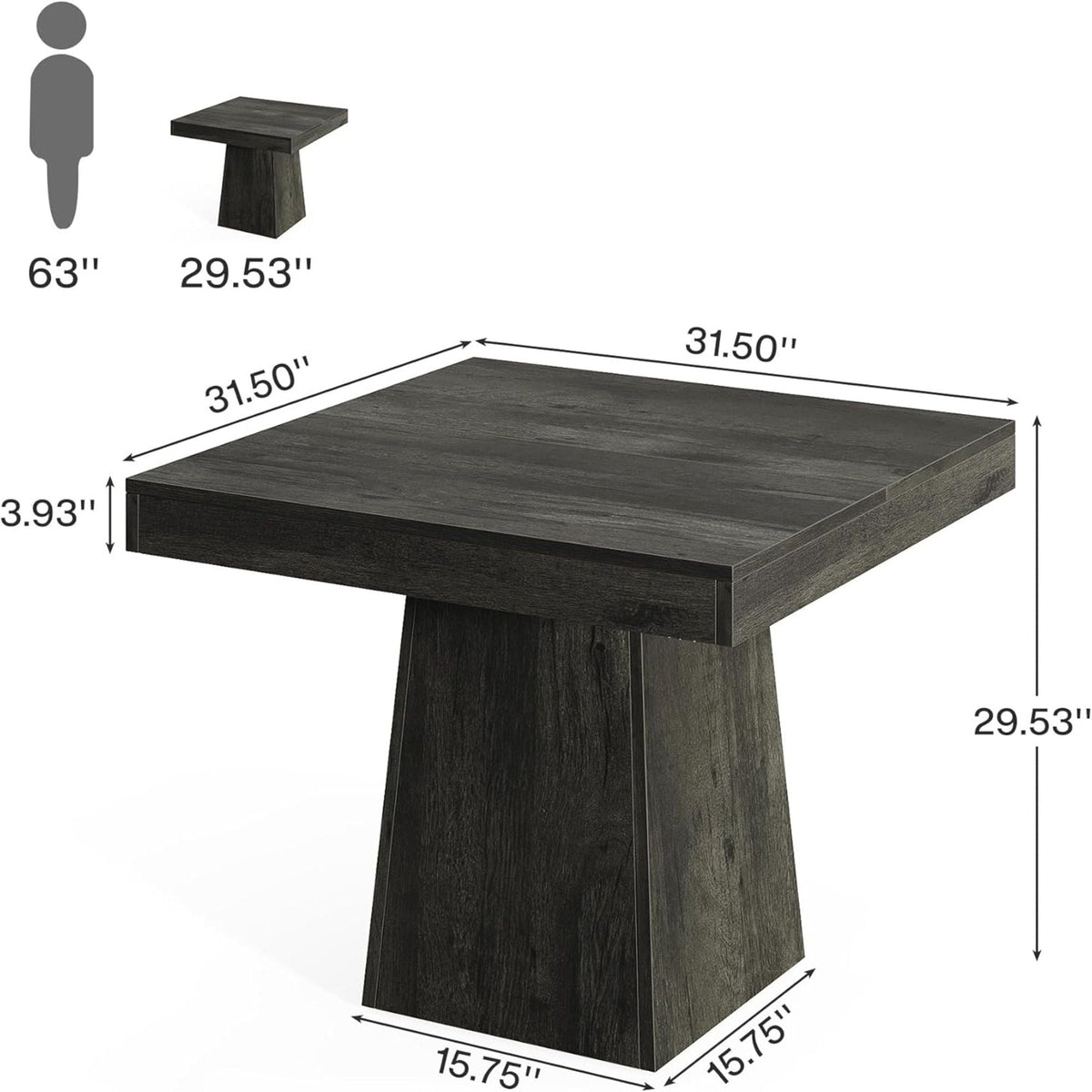 Square Dining Table for 4 with Thick Grain Top and Sturdy Pedestal Base - Gray
