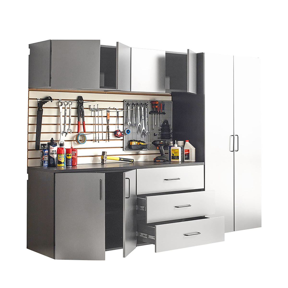 Metallic Gray Garage Cabinet Set with Soft Closing Drawers