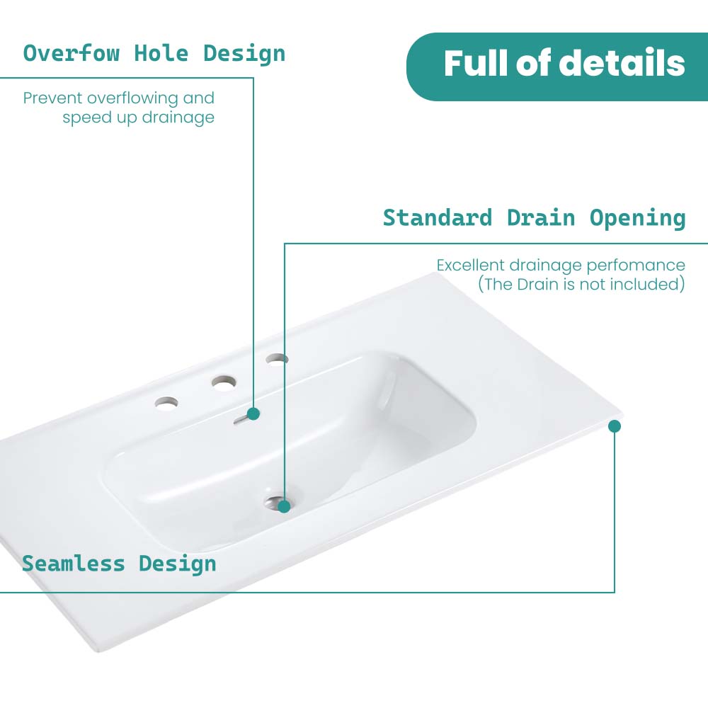 Glossy White Ceramic Integrated Bathroom Vanity Sink - Gloss White