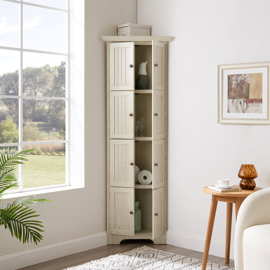 4-Tier Corner Kitchen Pantry Storage Cabinet with 8 Doors - Oak Finish