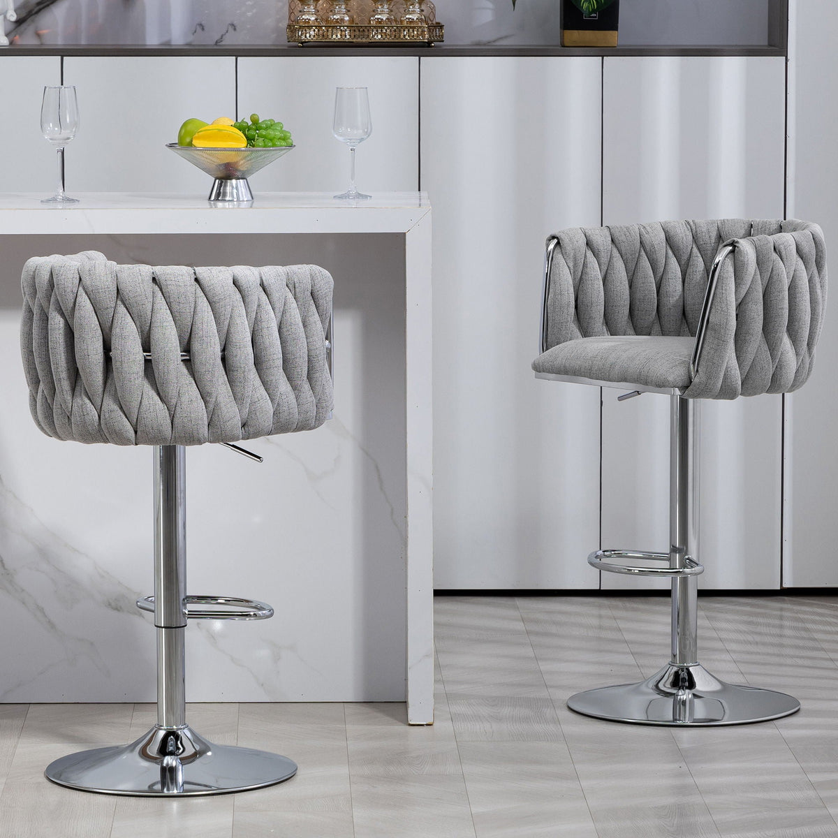 Adjustable Gray Counter Stools with 360° Swivel & Woven Back - Set of 2