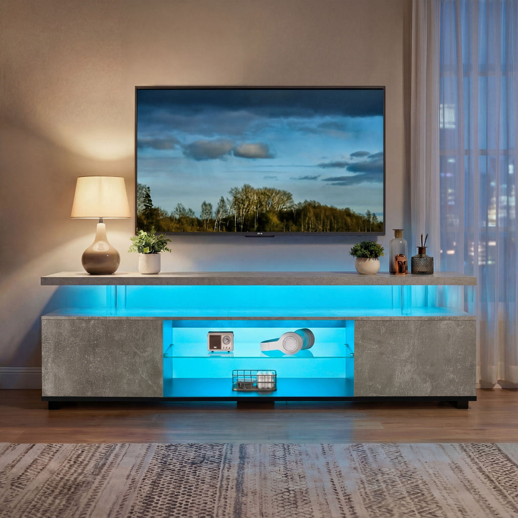 TV Stand with LED and Large Side Cabinet - White, Black, or Gray