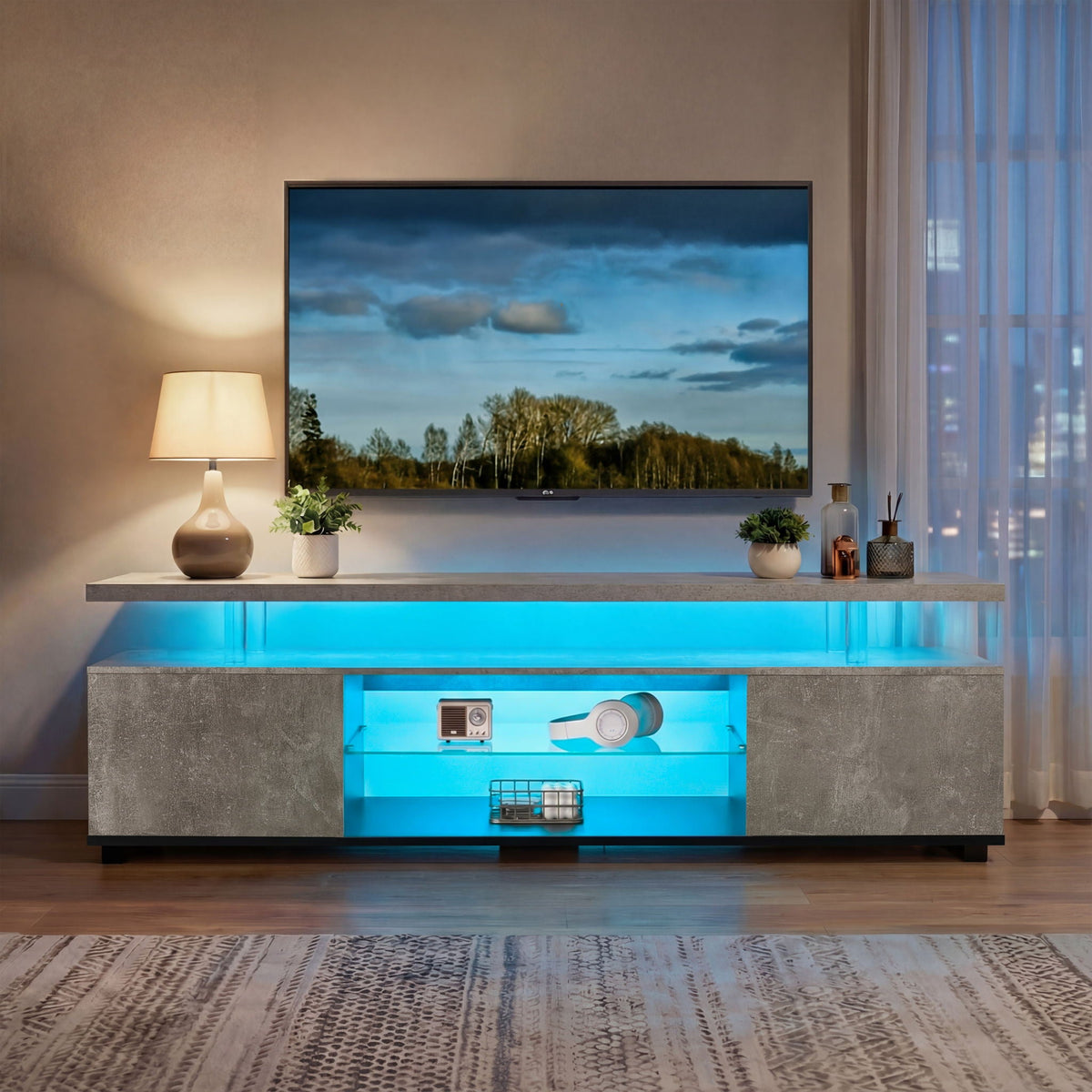 TV Stand with LED and Large Side Cabinet - White, Black, or Gray