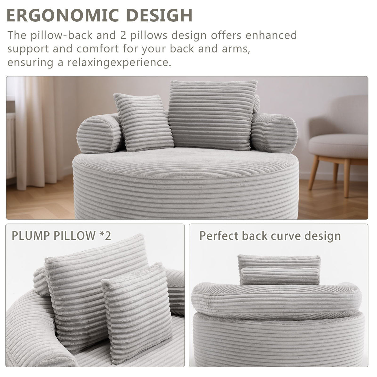 Round Sofa Bed with Memory Foam and 3 Pillows - Multiple Colors