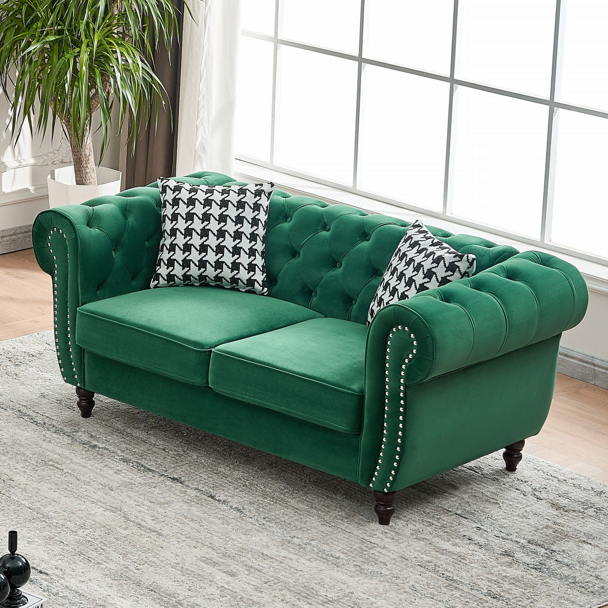 Chesterfield Fabric Loveseat with Nailhead Accents - Dark Green