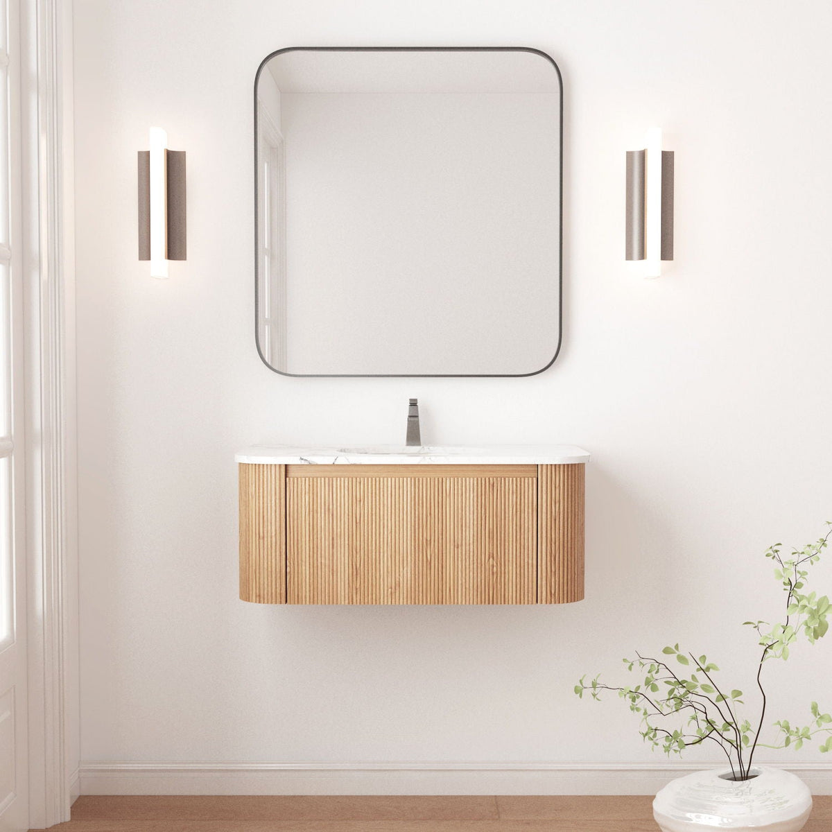 Light Brown Wall Mounted Bathroom Vanity with Sink - Curved Front