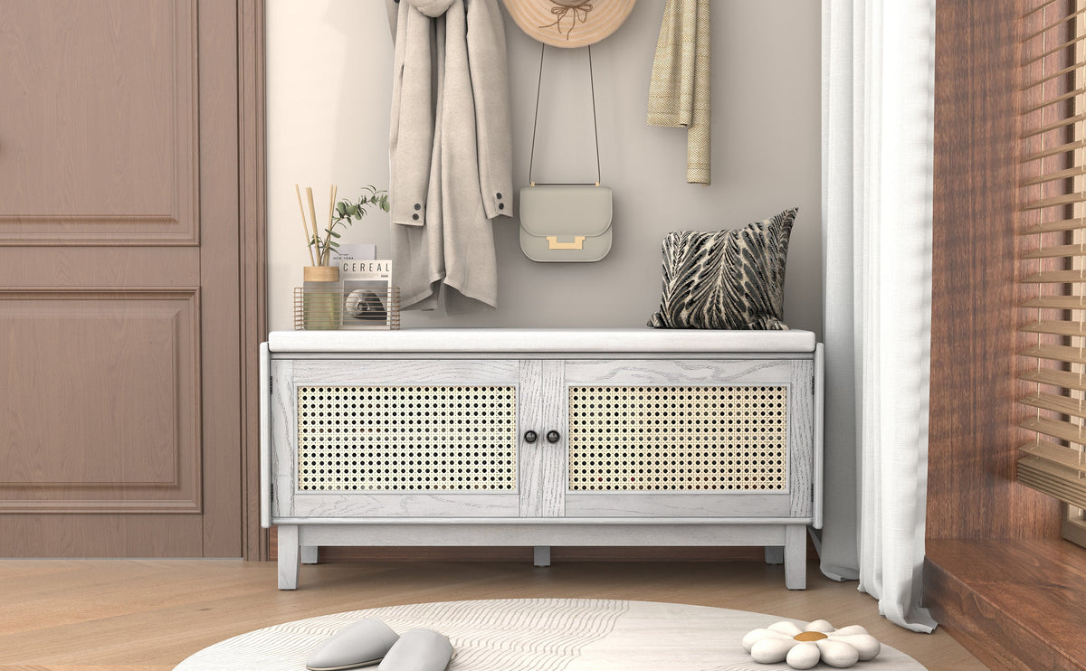 Boho Rattan Entryway Bench with Storage - Natural Finish