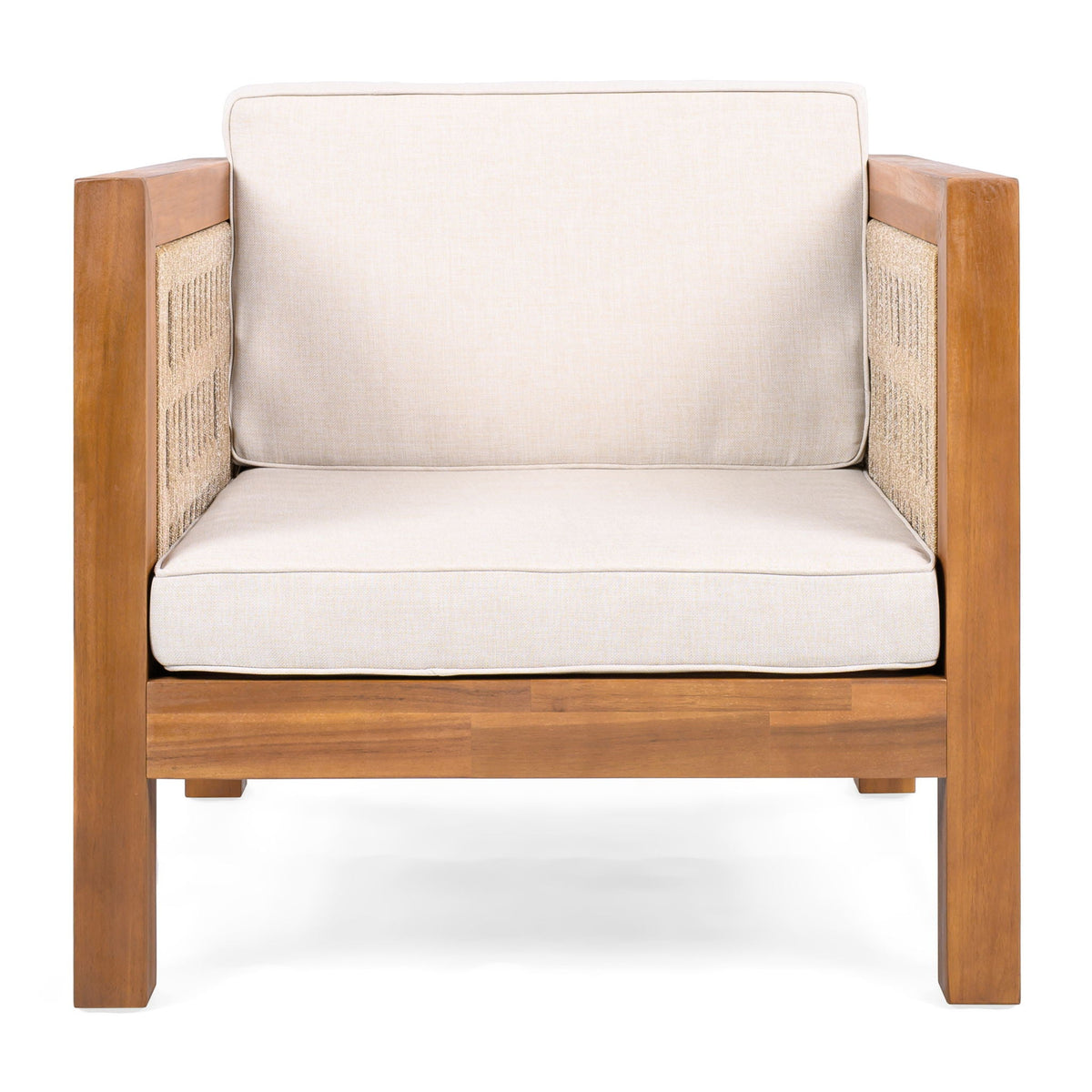 Outdoor Club Chair with Rope Arm and Cushions - Beige