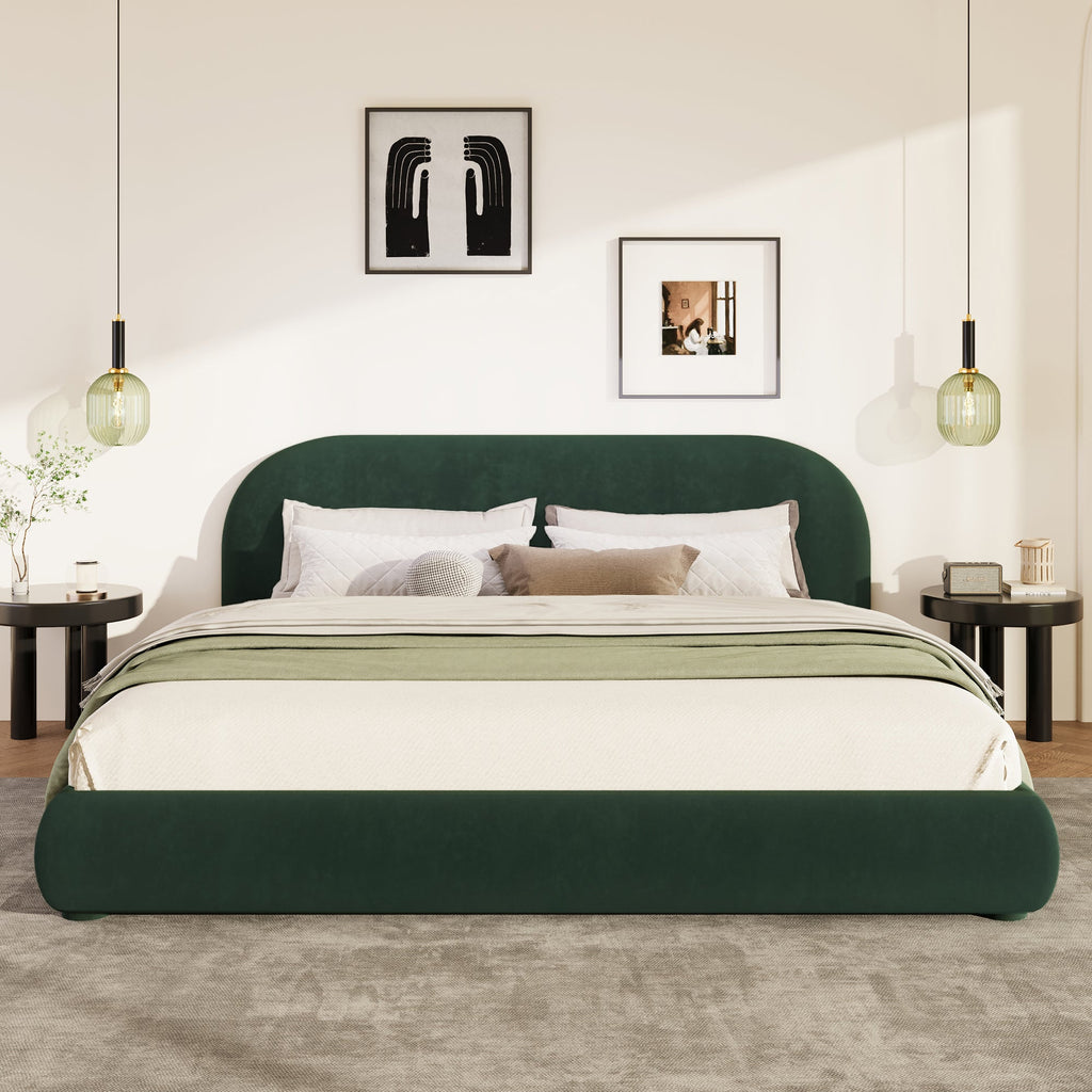 Dark Green Velvet Bed Frame with Curved Headboard - Green