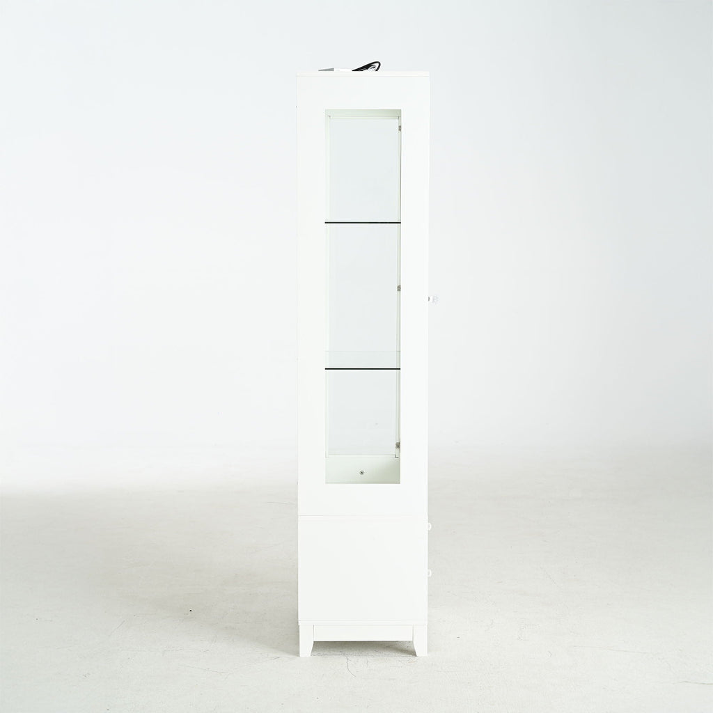 Modern Upholstered Glass Display Cabinet with Adjustable LED Light - White
