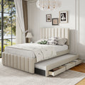 Upholstered Platform Bed with Twin Size Trundle and 3 Drawers - Beige, Full