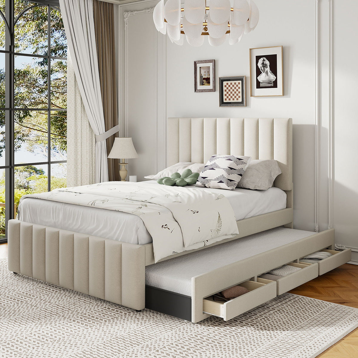 Upholstered Platform Bed with Twin Size Trundle and 3 Drawers - Beige, Full