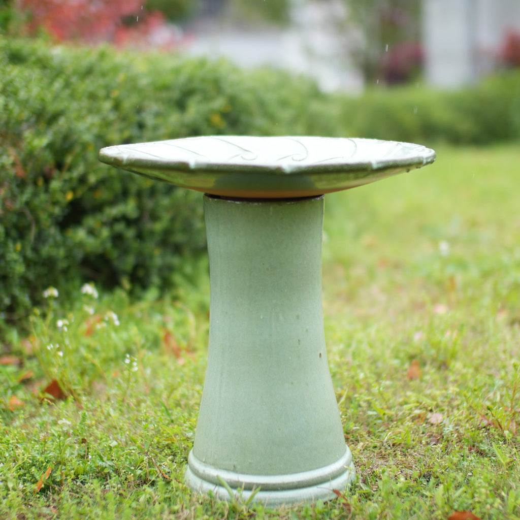 Handmade Glazed Ceramic Bird Bath with Swirling Scroll Design - Glazed Finish