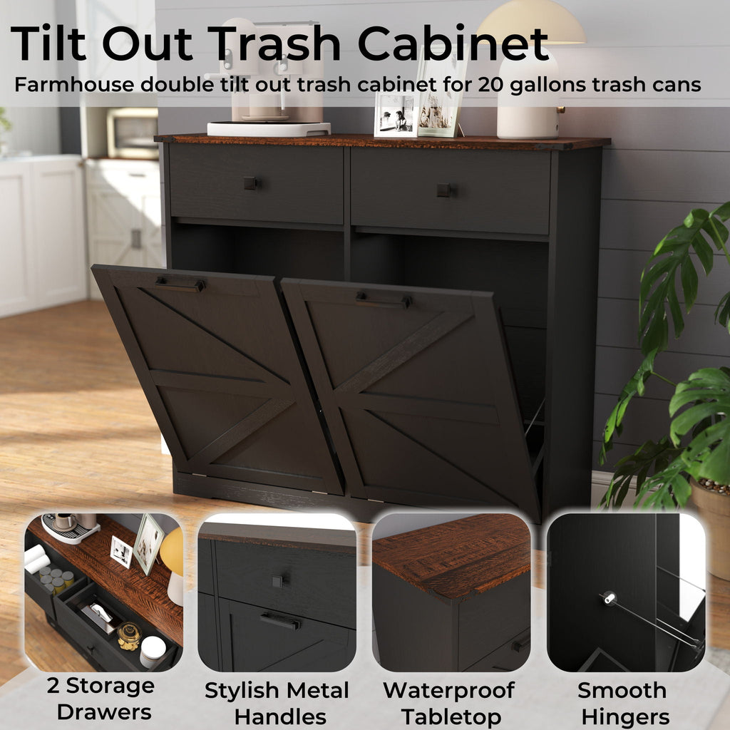 Double Tilt Out Trash Cabinet with Hideaway Drawer - Barn Door Style