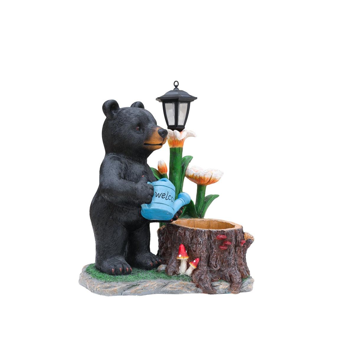Standing Bear Statue with Lantern Planter - Rustic Resin