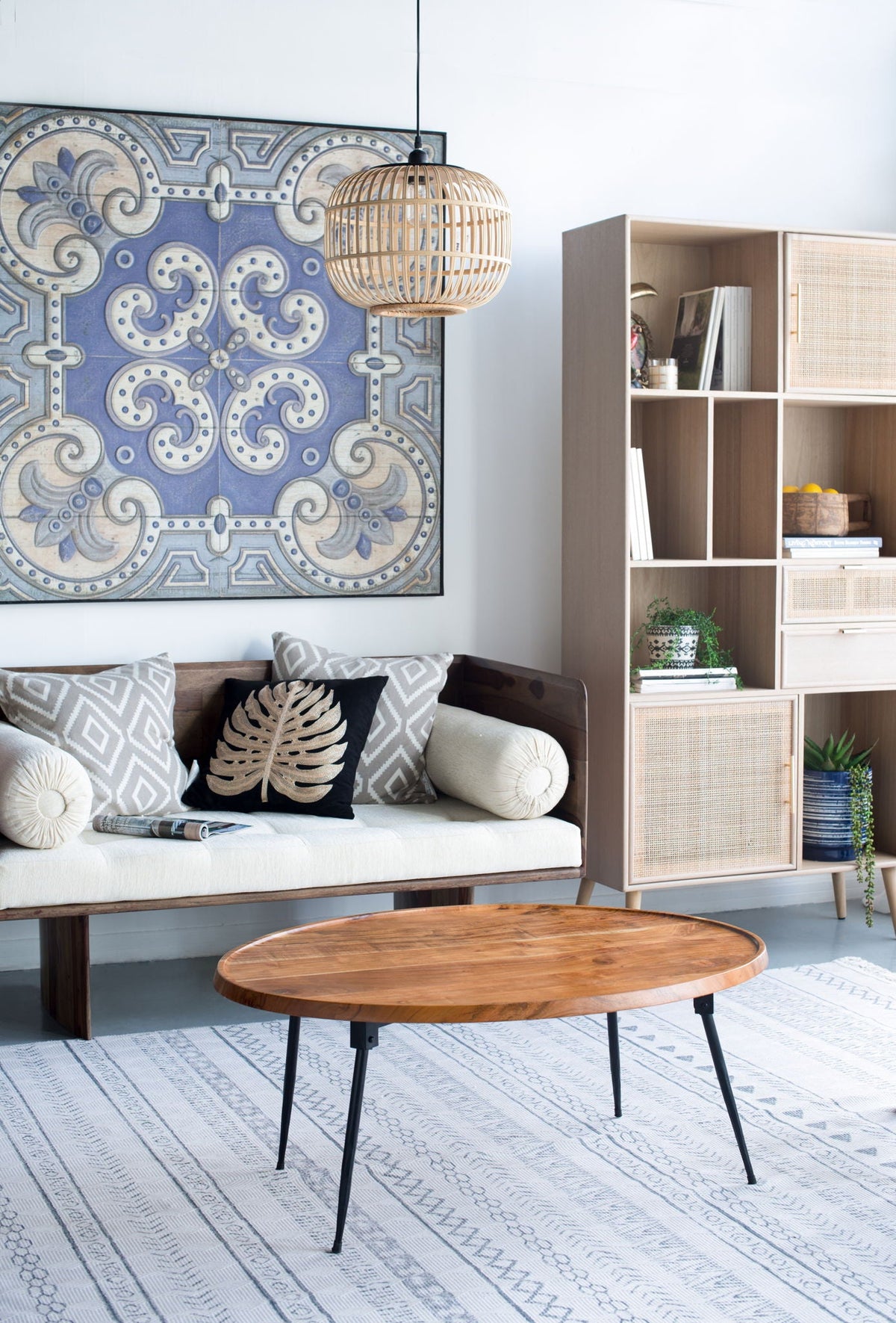 Oval Coffee Table with Acacia Wood and Iron Base - Brown